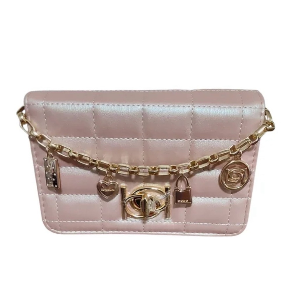 Bebe NWT Jacari Crossbody Iridescent Mauve Pink with Gold Chain and Charms